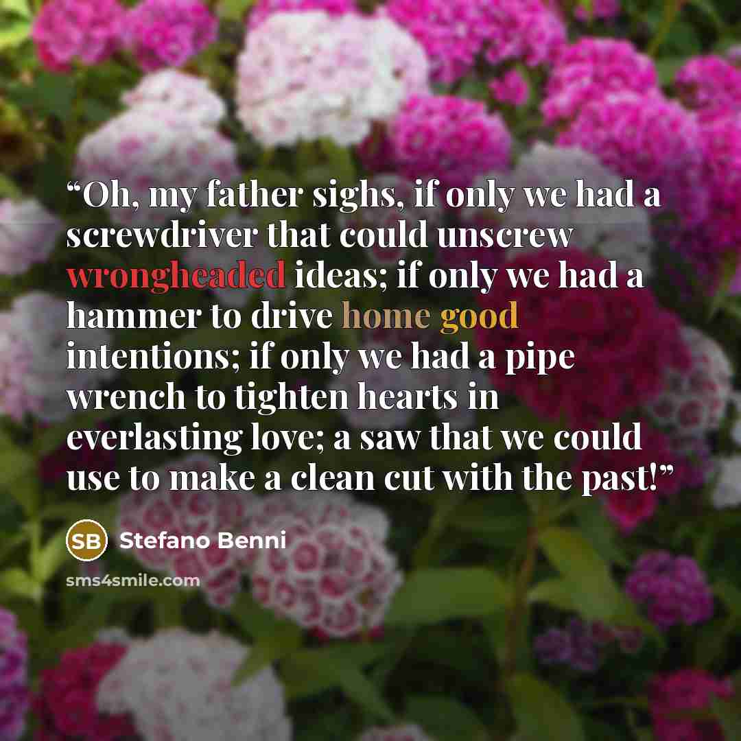 “Oh, my father sighs, if only we had a screwdriver that could unscrew wrongheaded ideas; if only we had a hammer to drive home good intentions; if only we had a pipe wrench to tighten hearts in everlasting love; a saw that we could use to make a clean cut with the past!” quote by Stefano Benni