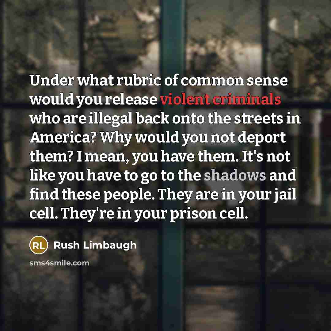 “Under what rubric of common sense would you release violent criminals who are illegal back onto the streets in America? Why would you not deport them? I mean, you have them. It's not like you have to go to the shadows and find these people. They are in your jail cell. They're in your prison cell.” quote by Rush Limbaugh