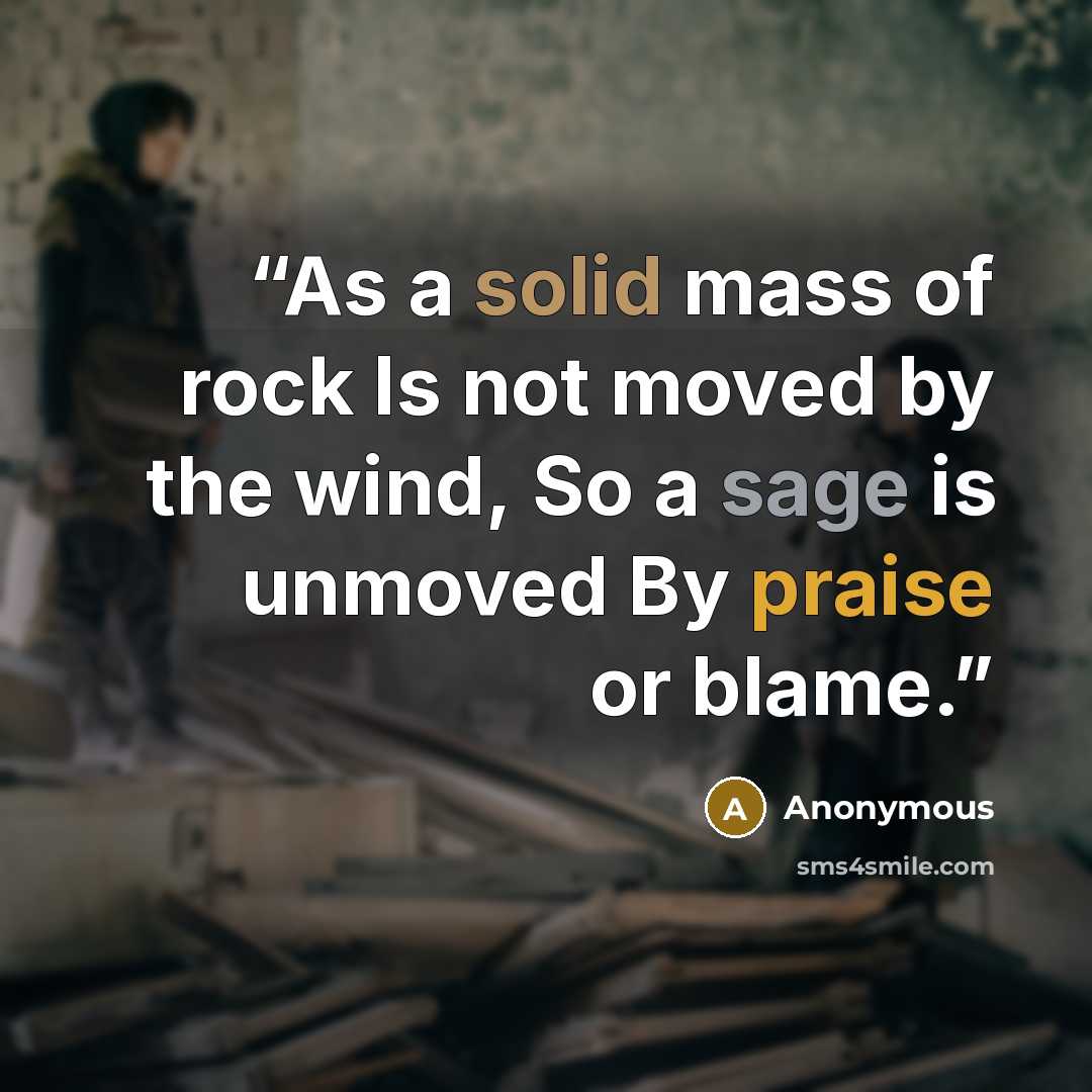 “As a solid mass of rock Is not moved by the wind, So a sage is unmoved By praise or blame.” quote by Anonymous