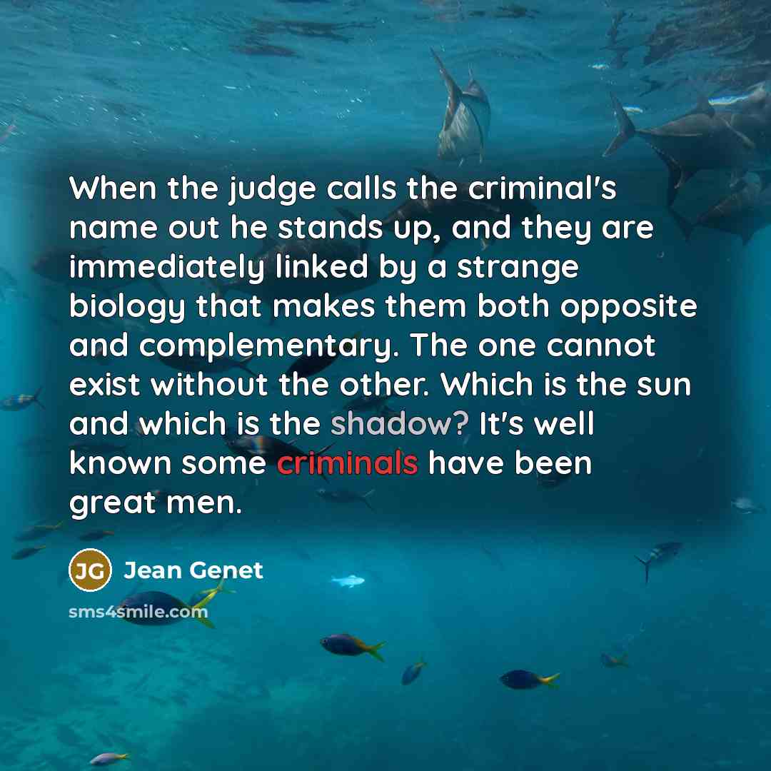 “When the judge calls the criminal's name out he stands up, and they are immediately linked by a strange biology that makes them both opposite and complementary. The one cannot exist without the other. Which is the sun and which is the shadow? It's well known some criminals have been great men.” quote by Jean Genet