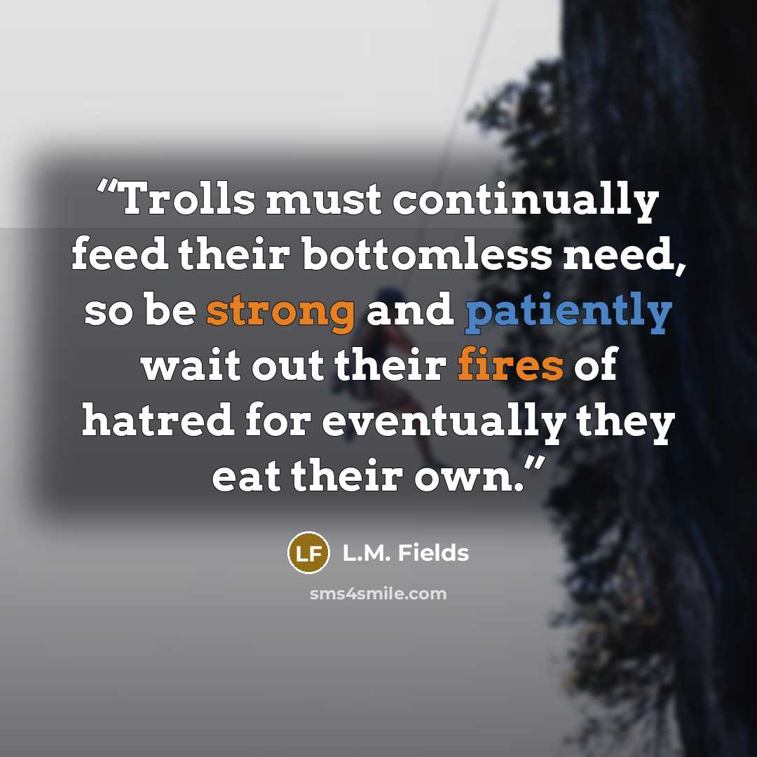 “Trolls must continually feed their bottomless need, so be strong and patiently wait out their fires of hatred for eventually they eat their own.” quote by L.M. Fields
