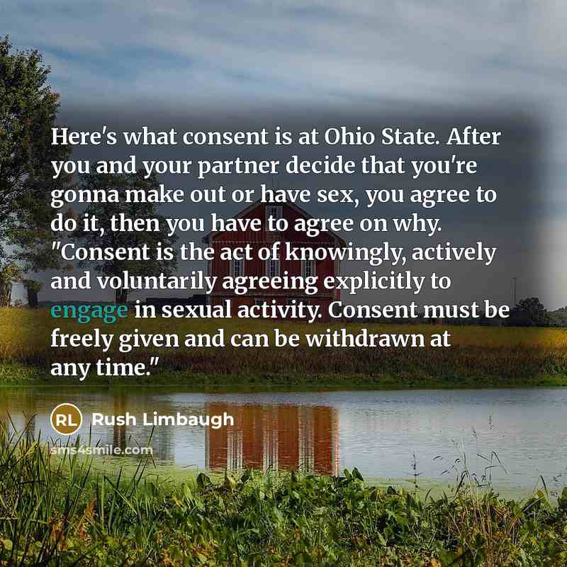 “Here's what consent is at Ohio State. After you and your partner decide that you're gonna make out or have sex, you agree to do it, then you have to agree on why. "Consent is the act of knowingly, actively and voluntarily agreeing explicitly to engage in sexual activity. Consent must be freely…” quote by Rush Limbaugh