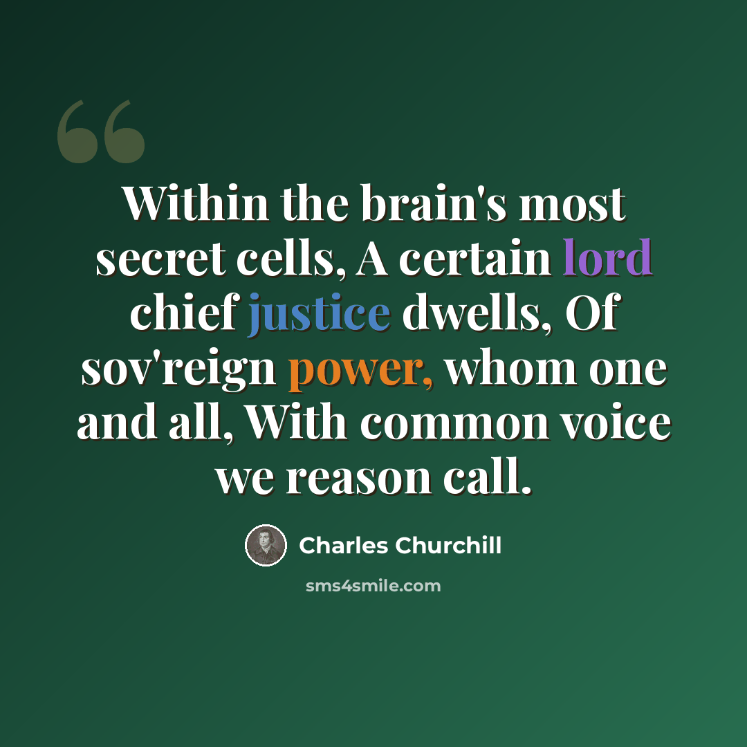 “Within the brain's most secret cells, A certain lord chief justice dwells, Of sov'reign power, whom one and all, With common voice we reason call.” quote by Charles Churchill