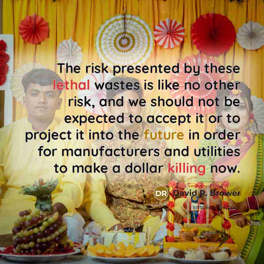 “The risk presented by these lethal wastes is like no other risk, and we should not be expected to accept it or to project it into the future in order for manufacturers and utilities to make a dollar killing now.” quote by David R. Brower