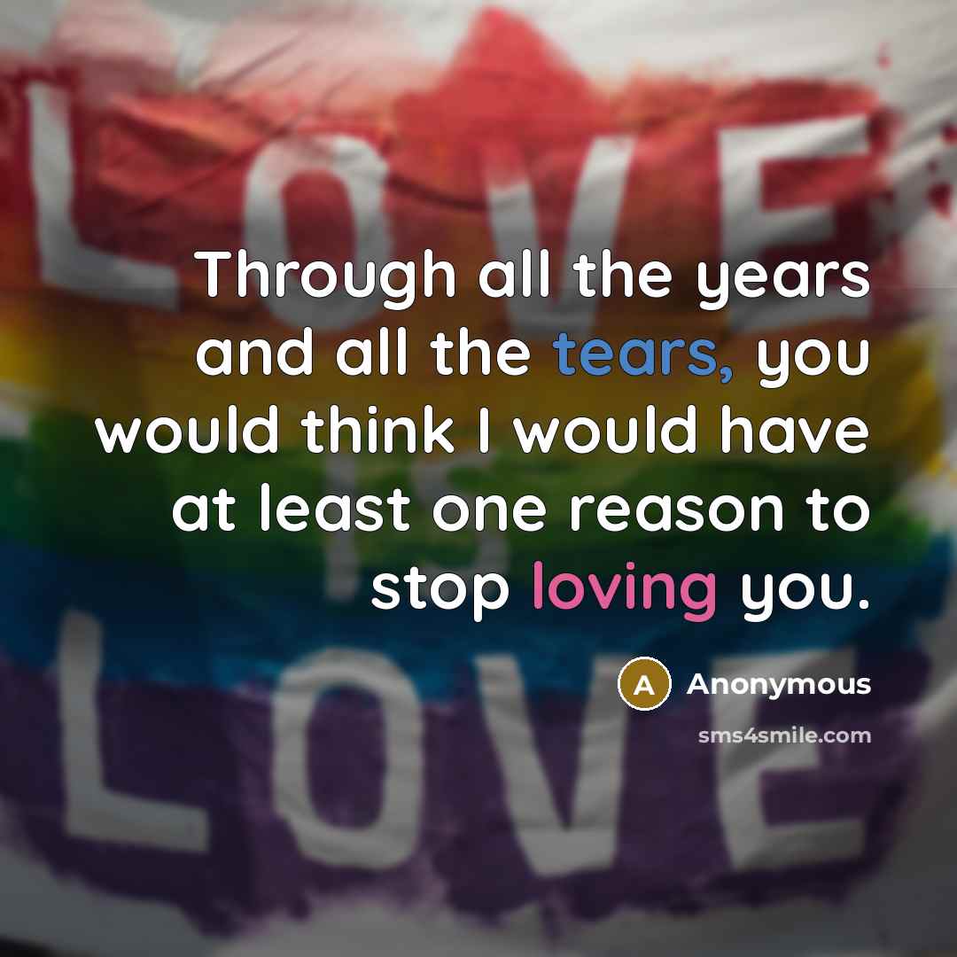 “Through all the years and all the tears, you would think I would have at least one reason to stop loving you.” quote by Anonymous