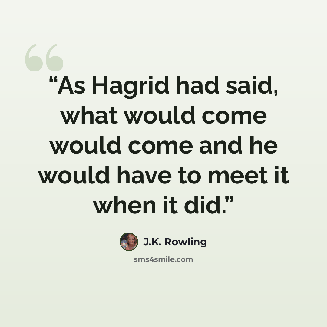 “As Hagrid had said, what would come would come and he would have to meet it when it did.” quote by J.K. Rowling