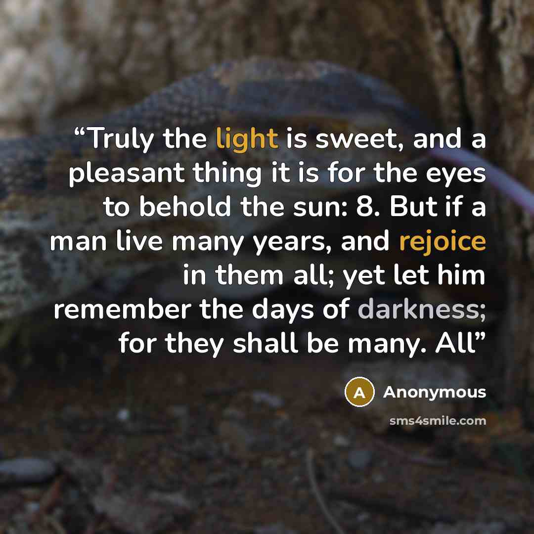 “Truly the light is sweet, and a pleasant thing it is for the eyes to behold the sun: 8. But if a man live many years, and rejoice in them all; yet let him remember the days of darkness; for they shall be many. All” quote by Anonymous