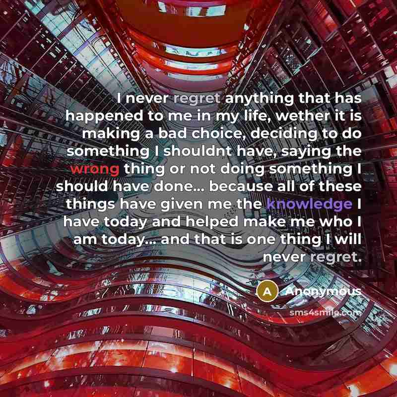 “I never regret anything that has happened to me in my life, wether it is making a bad choice, deciding to do something I shouldnt have, saying the wrong thing or not doing something I should have done... because all of these things have given me the knowledge I have today and helped make me who I…” quote by Anonymous
