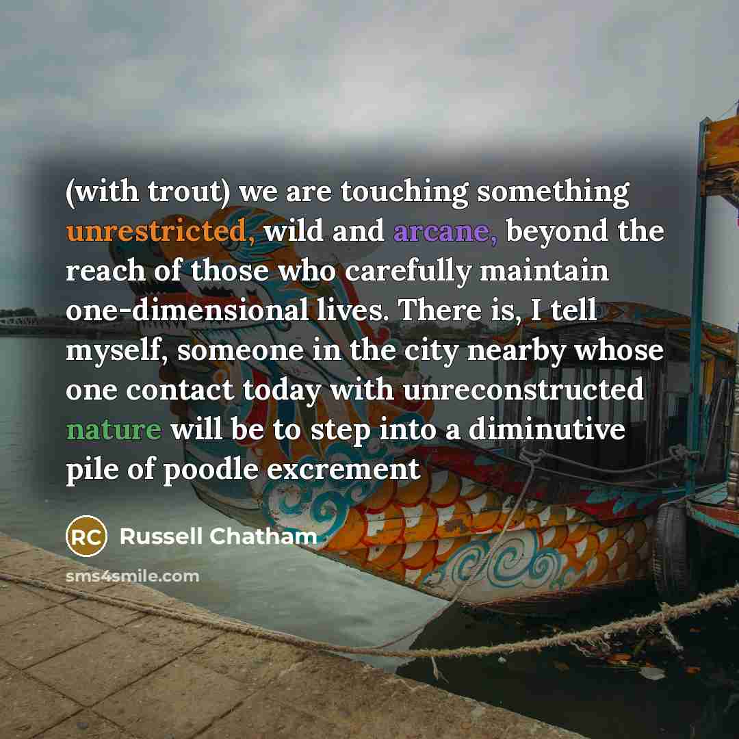 “(with trout) we are touching something unrestricted, wild and arcane, beyond the reach of those who carefully maintain one-dimensional lives. There is, I tell myself, someone in the city nearby whose one contact today with unreconstructed nature will be to step into a diminutive pile of poodle…” quote by Russell Chatham