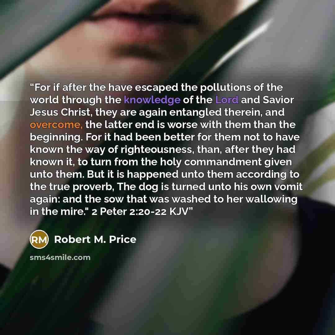 “For if after the have escaped the pollutions of the world through the knowledge of the Lord and Savior Jesus Christ, they are again entangled therein, and overcome, the latter end is worse with them than the beginning. For it had been better for them not to have known the way of righteousness…” quote by Robert M. Price