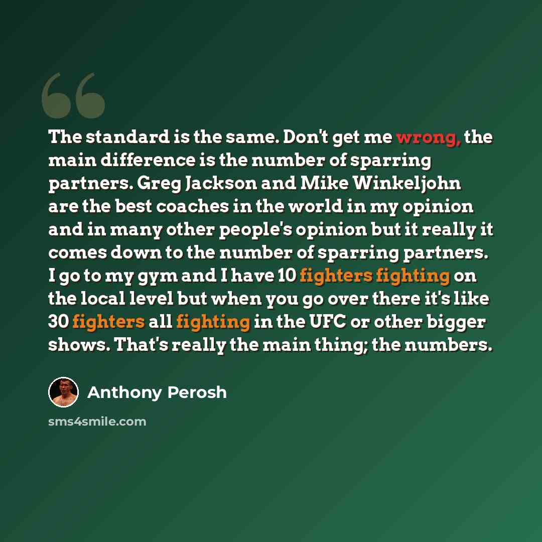 “The standard is the same. Don't get me wrong, the main difference is the number of sparring partners. Greg Jackson and Mike Winkeljohn are the best coaches in the world in my opinion and in many other people's opinion but it really it comes down to the number of sparring partners. I go to my gym…” quote by Anthony Perosh