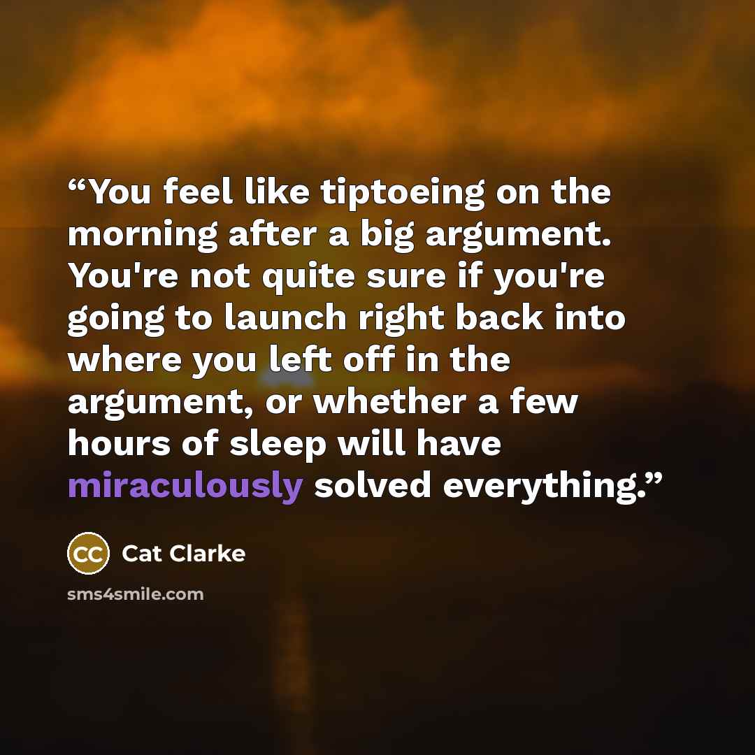 “You feel like tiptoeing on the morning after a big argument. You're not quite sure if you're going to launch right back into where you left off in the argument, or whether a few hours of sleep will have miraculously solved everything.” quote by Cat Clarke