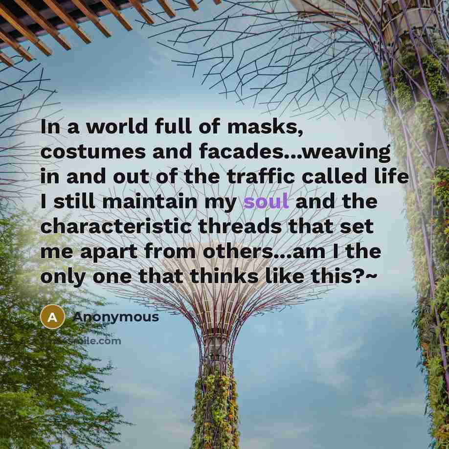 “In a world full of masks, costumes and facades...weaving in and out of the traffic called life I still maintain my soul and the characteristic threads that set me apart from others...am I the only one that thinks like this?~” quote by Anonymous