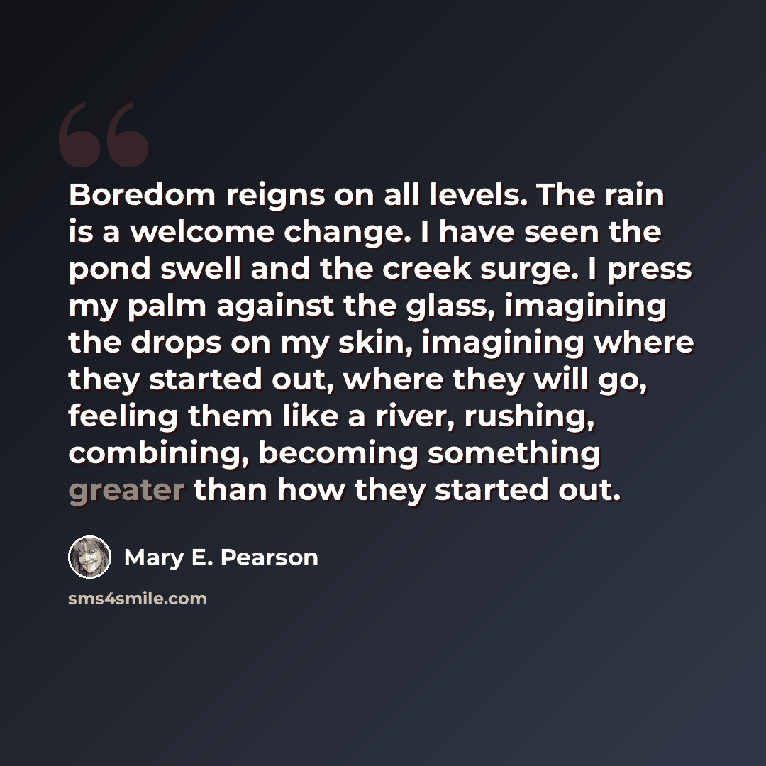 “Boredom reigns on all levels. The rain is a welcome change. I have seen the pond swell and the creek surge. I press my palm against the glass, imagining the drops on my skin, imagining where they started out, where they will go, feeling them like a river, rushing, combining, becoming something…” quote by Mary E. Pearson
