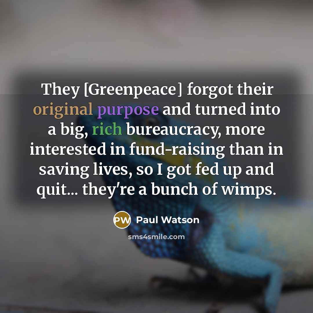 “They [Greenpeace] forgot their original purpose and turned into a big, rich bureaucracy, more interested in fund-raising than in saving lives, so I got fed up and quit... they're a bunch of wimps.” quote by Paul Watson