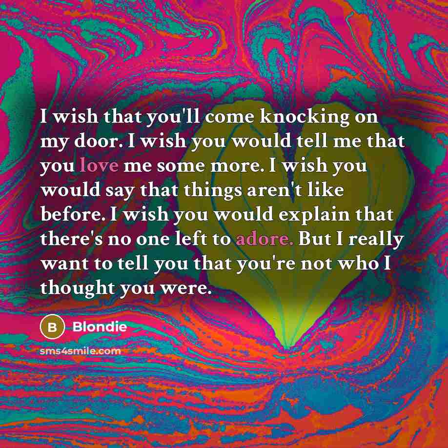 “I wish that you'll come knocking on my door. I wish you would tell me that you love me some more. I wish you would say that things aren't like before. I wish you would explain that there's no one left to adore. But I really want to tell you that you're not who I thought you were.” quote by Blondie