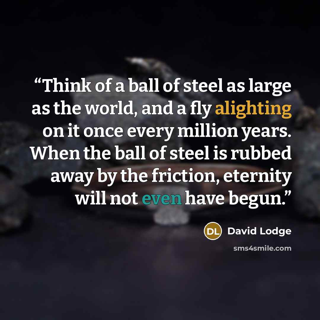 “Think of a ball of steel as large as the world, and a fly alighting on it once every million years. When the ball of steel is rubbed away by the friction, eternity will not even have begun.” quote by David Lodge