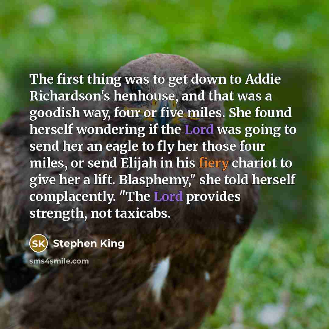 “The first thing was to get down to Addie Richardson's henhouse, and that was a goodish way, four or five miles. She found herself wondering if the Lord was going to send her an eagle to fly her those four miles, or send Elijah in his fiery chariot to give her a lift. Blasphemy," she told herself…” quote by Stephen King