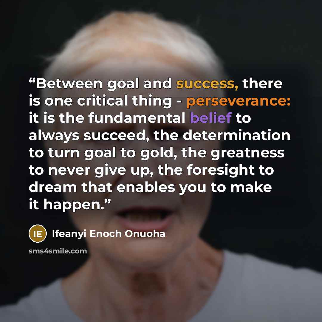 “Between goal and success, there is one critical thing - perseverance: it is the fundamental belief to always succeed, the determination to turn goal to gold, the greatness to never give up, the foresight to dream that enables you to make it happen.” quote by Ifeanyi Enoch Onuoha