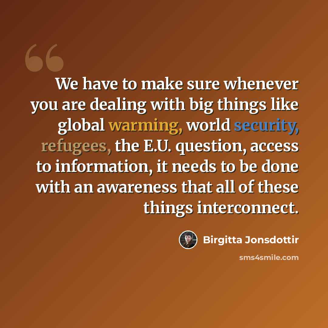 “We have to make sure whenever you are dealing with big things like global warming, world security, refugees, the E.U. question, access to information, it needs to be done with an awareness that all of these things interconnect.” quote by Birgitta Jonsdottir