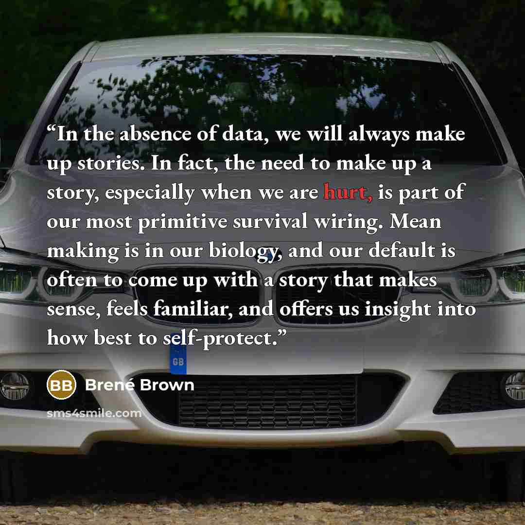 “In the absence of data, we will always make up stories. In fact, the need to make up a story, especially when we are hurt, is part of our most primitive survival wiring. Mean making is in our biology, and our default is often to come up with a story that makes sense, feels familiar, and offers us…” quote by Brene Brown