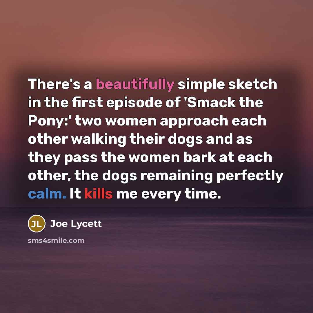 “There's a beautifully simple sketch in the first episode of 'Smack the Pony:' two women approach each other walking their dogs and as they pass the women bark at each other, the dogs remaining perfectly calm. It kills me every time.” quote by Joe Lycett