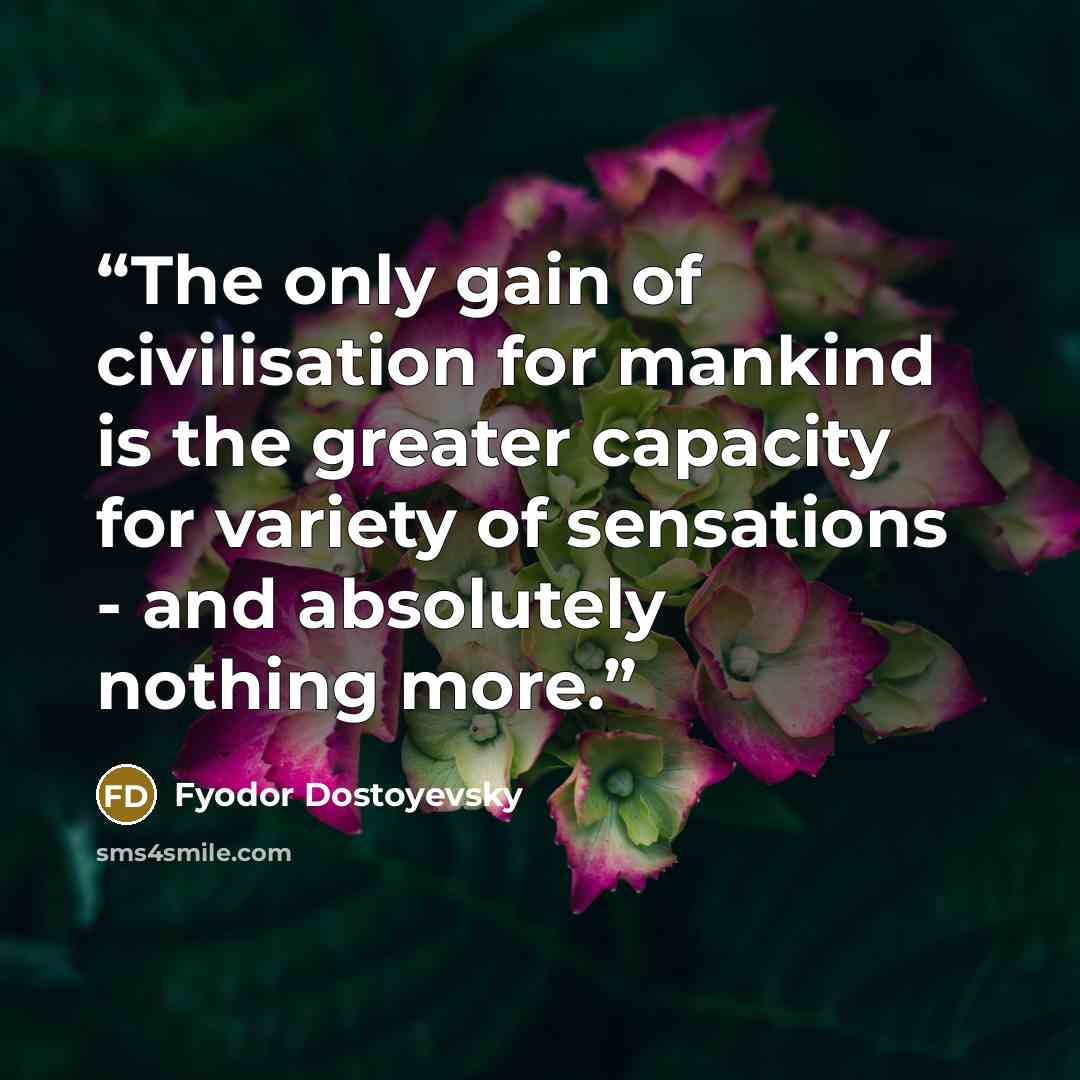 “The only gain of civilisation for mankind is the greater capacity for variety of sensations - and absolutely nothing more.” quote by Fyodor Dostoyevsky