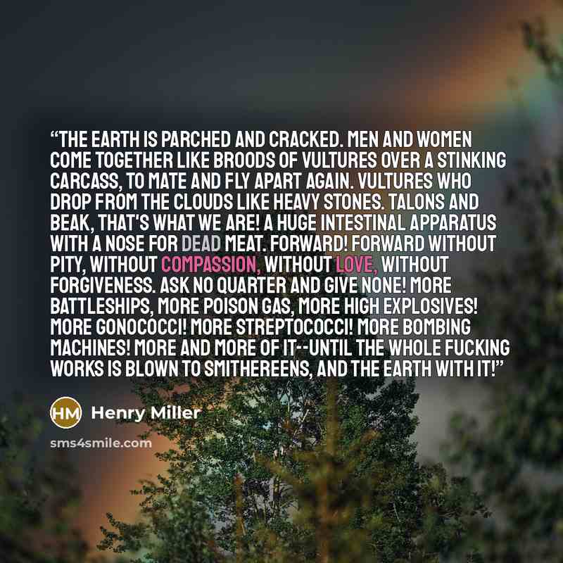 “The earth is parched and cracked. Men and women come together like broods of vultures over a stinking carcass, to mate and fly apart again. Vultures who drop from the clouds like heavy stones. Talons and beak, that's what we are! A huge intestinal apparatus with a nose for dead meat. Forward!…” quote by Henry Miller