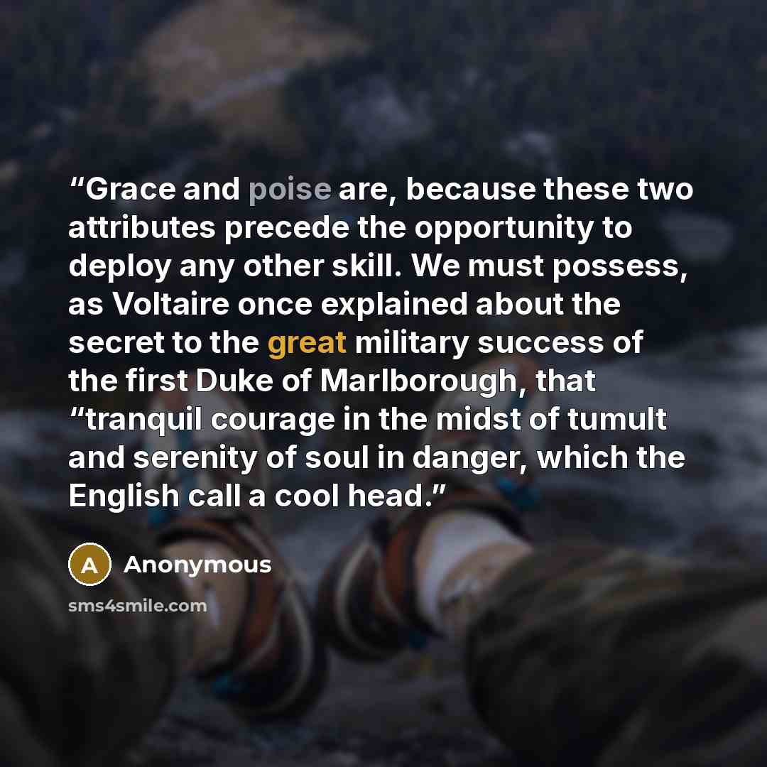 “Grace and poise are, because these two attributes precede the opportunity to deploy any other skill. We must possess, as Voltaire once explained about the secret to the great military success of the first Duke of Marlborough, that “tranquil courage in the midst of tumult and serenity of soul in…” quote by Anonymous