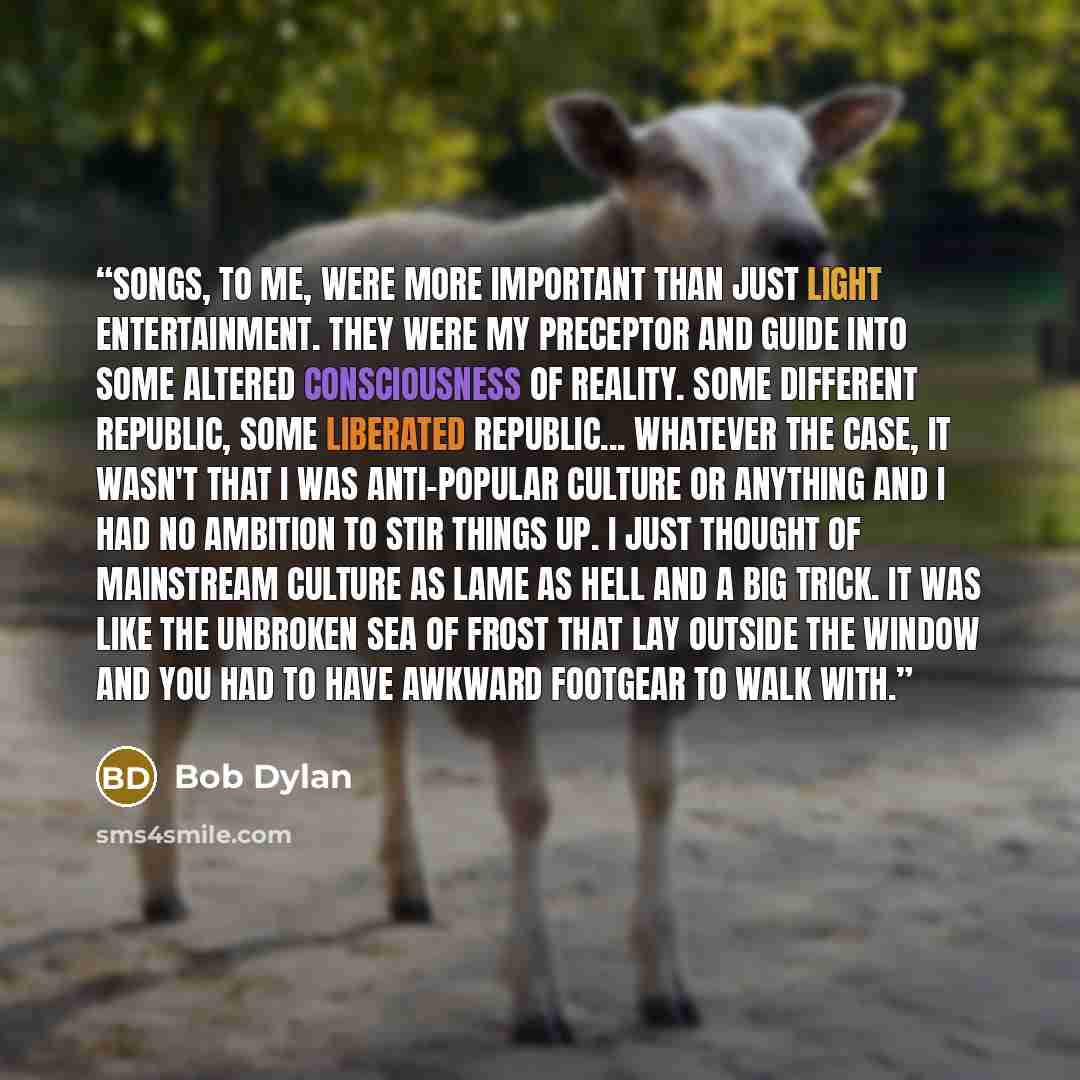 “songs, to me, were more important than just light entertainment. They were my preceptor and guide into some altered consciousness of reality. Some different republic, some liberated republic... whatever the case, it wasn't that I was anti-popular culture or anything and I had no ambition to stir…” quote by Bob Dylan