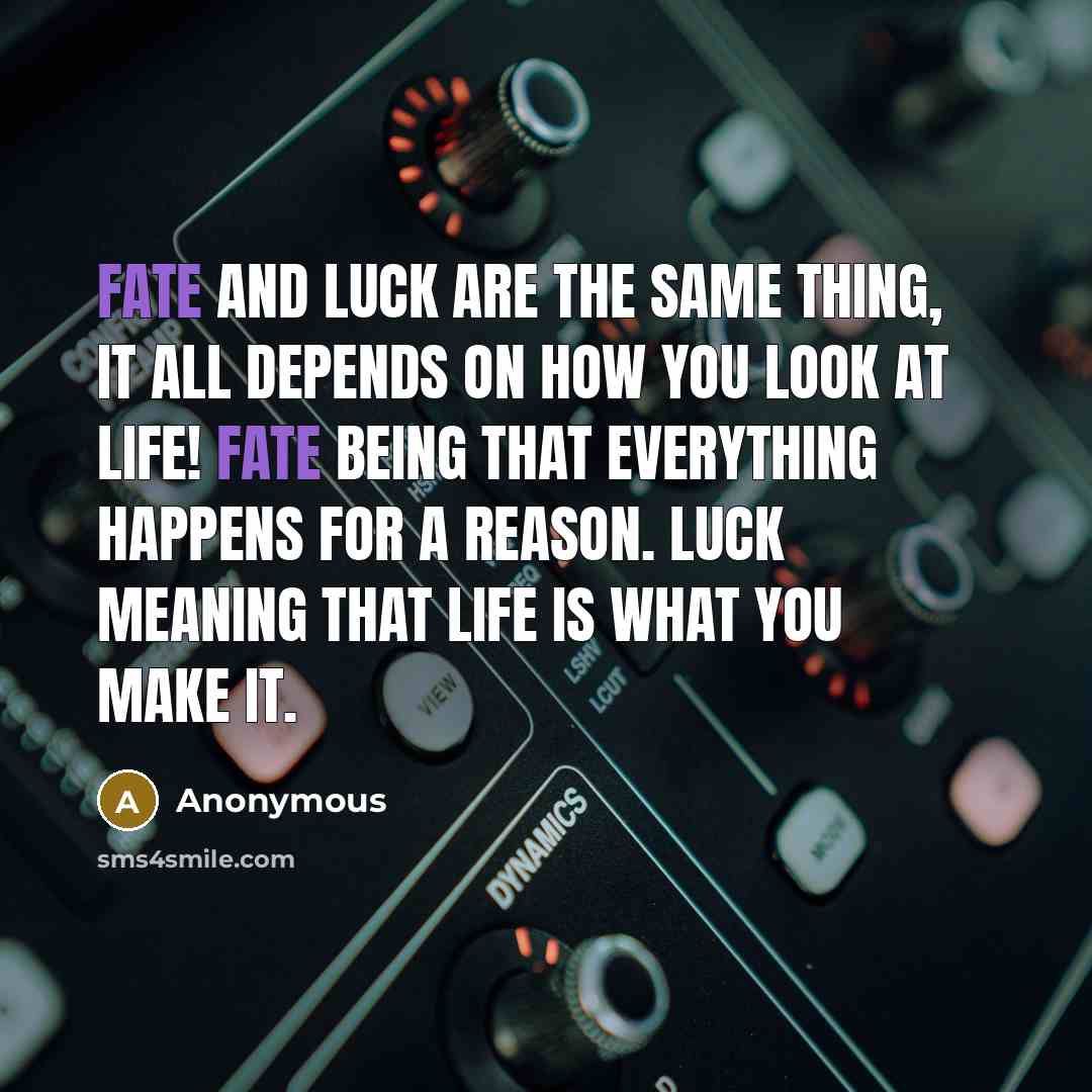 “Fate and luck are the same thing, it all depends on how you look at life! Fate being that everything happens for a reason. Luck meaning that life is what you make it.” quote by Anonymous