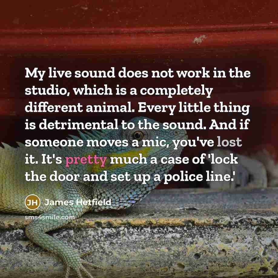 “My live sound does not work in the studio, which is a completely different animal. Every little thing is detrimental to the sound. And if someone moves a mic, you've lost it. It's pretty much a case of 'lock the door and set up a police line.'” quote by James Hetfield