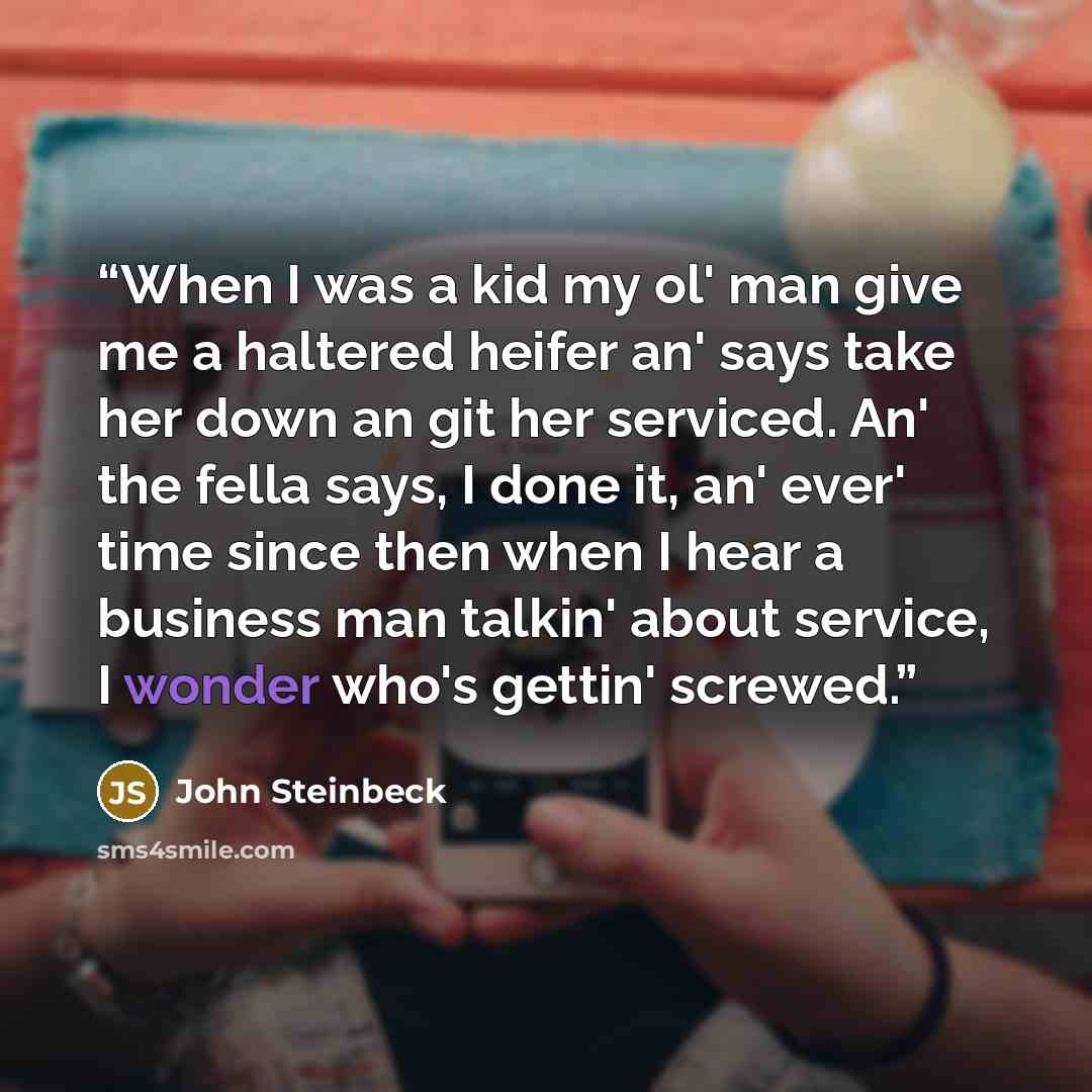 “When I was a kid my ol' man give me a haltered heifer an' says take her down an git her serviced. An' the fella says, I done it, an' ever' time since then when I hear a business man talkin' about service, I wonder who's gettin' screwed.” quote by John Steinbeck