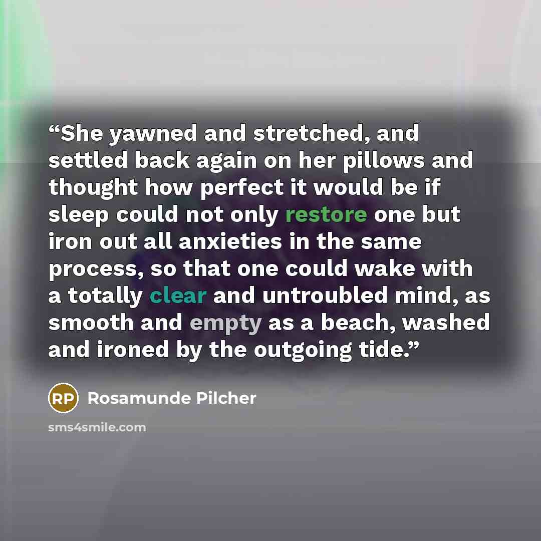 “She yawned and stretched, and settled back again on her pillows and thought how perfect it would be if sleep could not only restore one but iron out all anxieties in the same process, so that one could wake with a totally clear and untroubled mind, as smooth and empty as a beach, washed and ironed…” quote by Rosamunde Pilcher