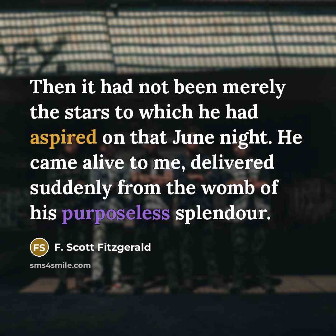 “Then it had not been merely the stars to which he had aspired on that June night. He came alive to me, delivered suddenly from the womb of his purposeless splendour.” quote by F. Scott Fitzgerald
