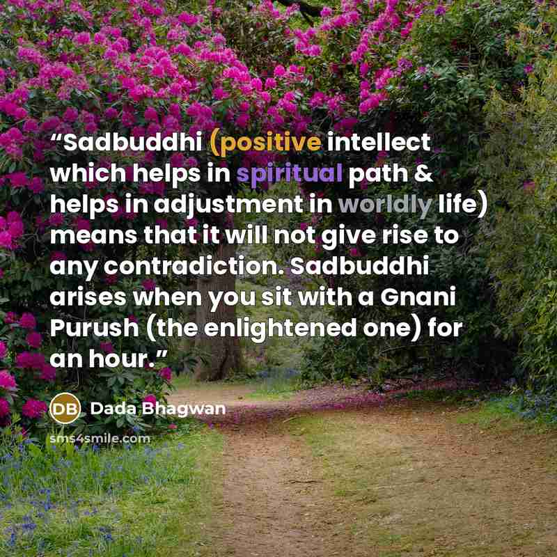 “Sadbuddhi (positive intellect which helps in spiritual path & helps in adjustment in worldly life) means that it will not give rise to any contradiction. Sadbuddhi arises when you sit with a Gnani Purush (the enlightened one) for an hour.” quote by Dada Bhagwan