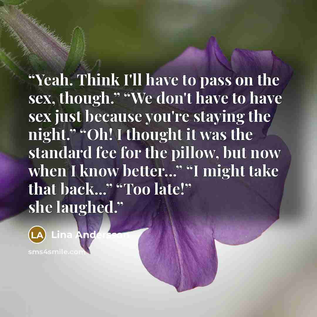 “Yeah. Think I'll have to pass on the sex, though.” “We don't have to have sex just because you're staying the night.” “Oh! I thought it was the standard fee for the pillow, but now when I know better...” “I might take that back...” “Too late!” she laughed.” quote by Lina Andersson
