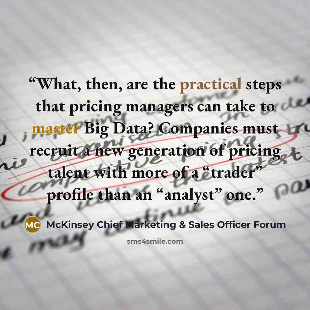 “What, then, are the practical steps that pricing managers can take to master Big Data? Companies must recruit a new generation of pricing talent with more of a “trader” profile than an “analyst” one.” quote by McKinsey Chief Marketing & Sales Officer Forum
