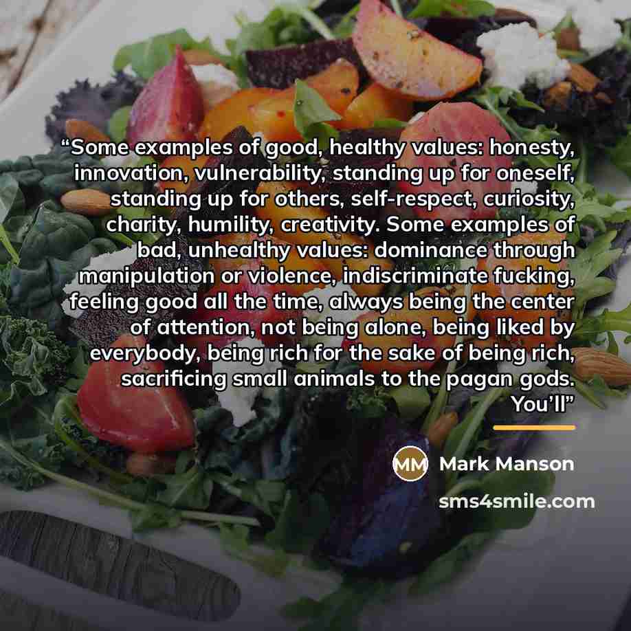 “Some examples of good, healthy values: honesty, innovation, vulnerability, standing up for oneself, standing up for others, self-respect, curiosity, charity, humility, creativity. Some examples of bad, unhealthy values: dominance through manipulation or violence, indiscriminate fucking, feeling…” quote by Mark Manson