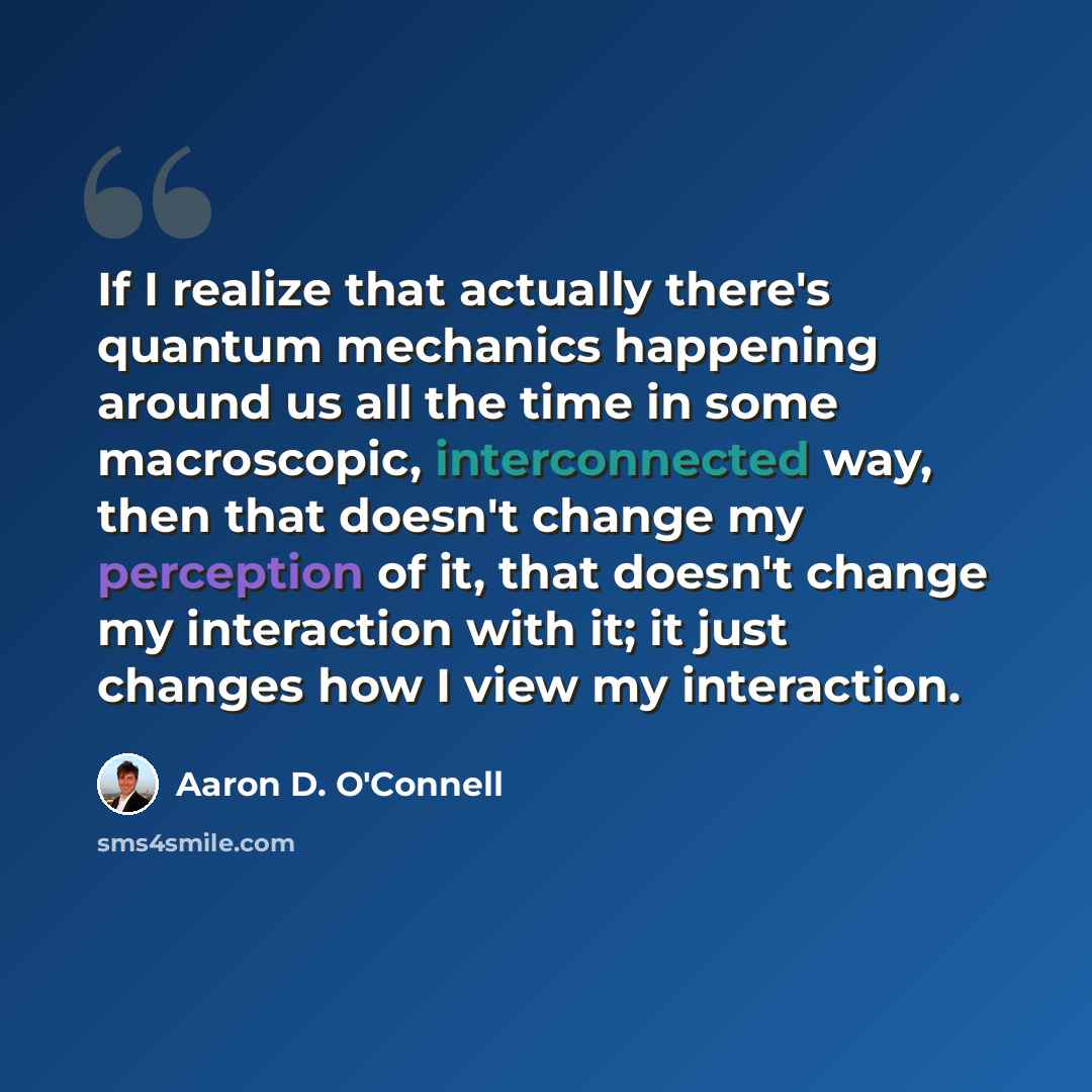 “If I realize that actually there's quantum mechanics happening around us all the time in some macroscopic, interconnected way, then that doesn't change my perception of it, that doesn't change my interaction with it; it just changes how I view my interaction.” quote by Aaron D. O'Connell