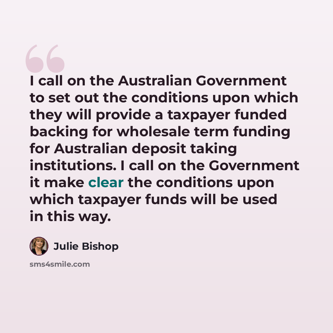 “I call on the Australian Government to set out the conditions upon which they will provide a taxpayer funded backing for wholesale term funding for Australian deposit taking institutions. I call on the Government it make clear the conditions upon which taxpayer funds will be used in this way.” quote by Julie Bishop