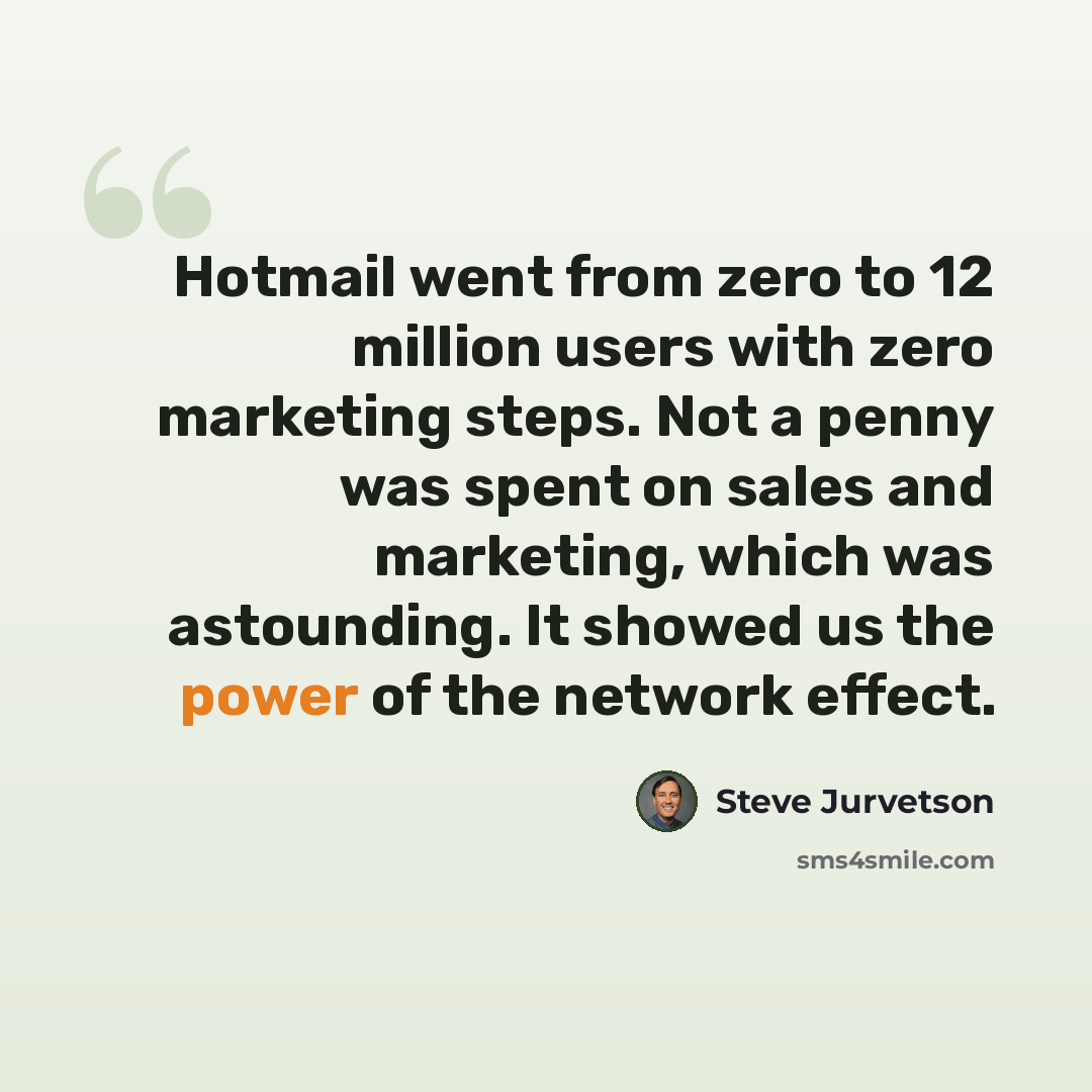 “Hotmail went from zero to 12 million users with zero marketing steps. Not a penny was spent on sales and marketing, which was astounding. It showed us the power of the network effect.” quote by Steve Jurvetson