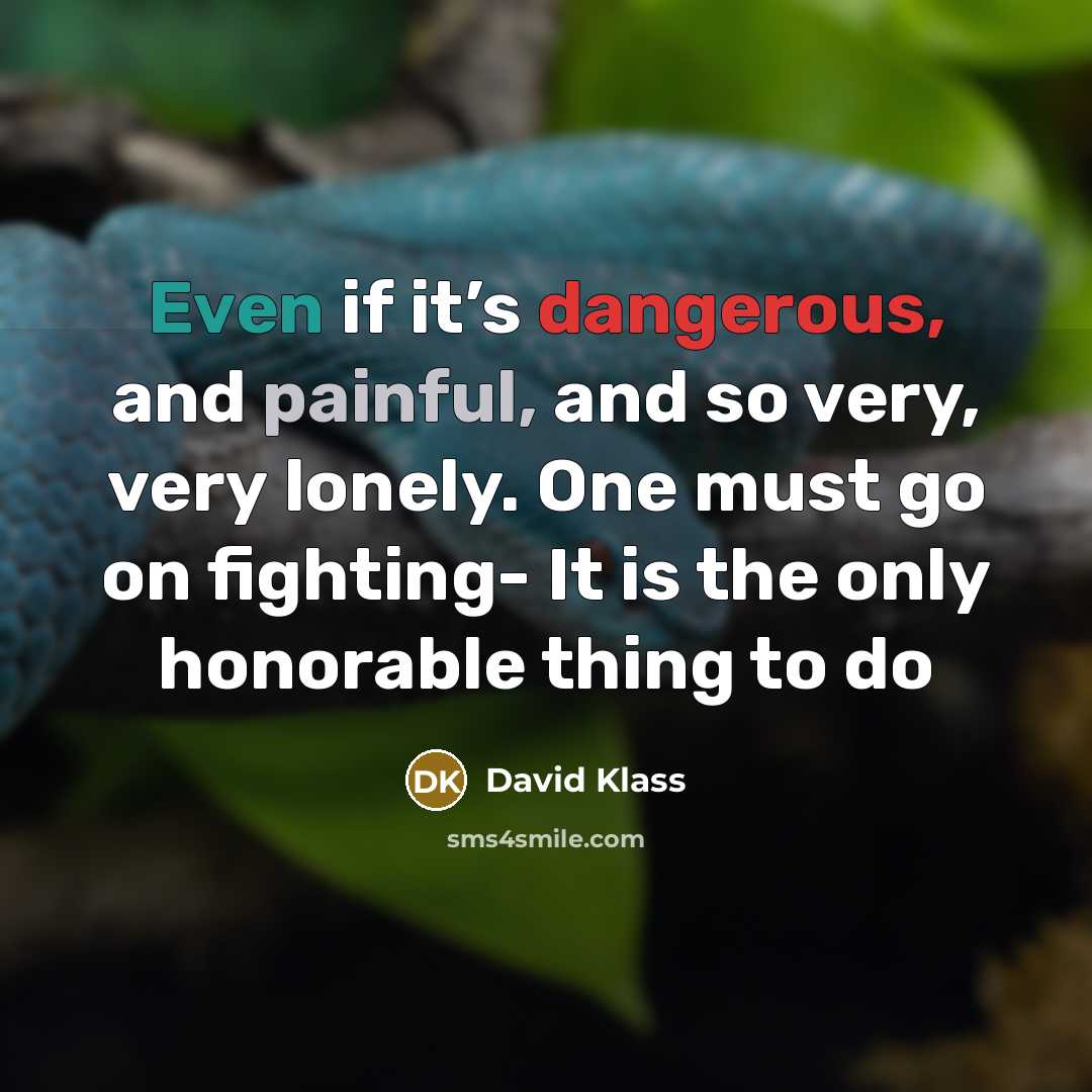 “Even if it’s dangerous, and painful, and so very, very lonely. One must go on fighting- It is the only honorable thing to do” quote by David Klass
