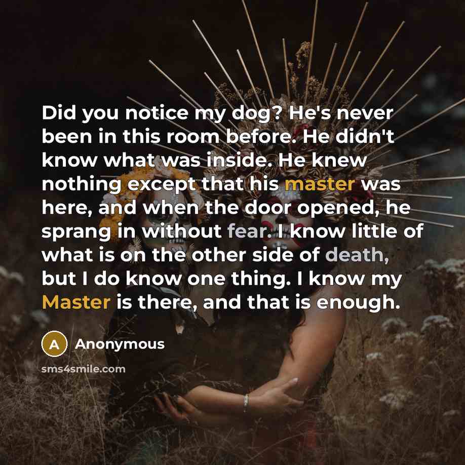 “Did you notice my dog? He's never been in this room before. He didn't know what was inside. He knew nothing except that his master was here, and when the door opened, he sprang in without fear. I know little of what is on the other side of death, but I do know one thing. I know my Master is there…” quote by Anonymous