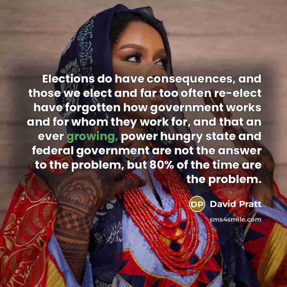 “Elections do have consequences, and those we elect and far too often re-elect have forgotten how government works and for whom they work for, and that an ever growing, power hungry state and federal government are not the answer to the problem, but 80% of the time are the problem.” quote by David Pratt