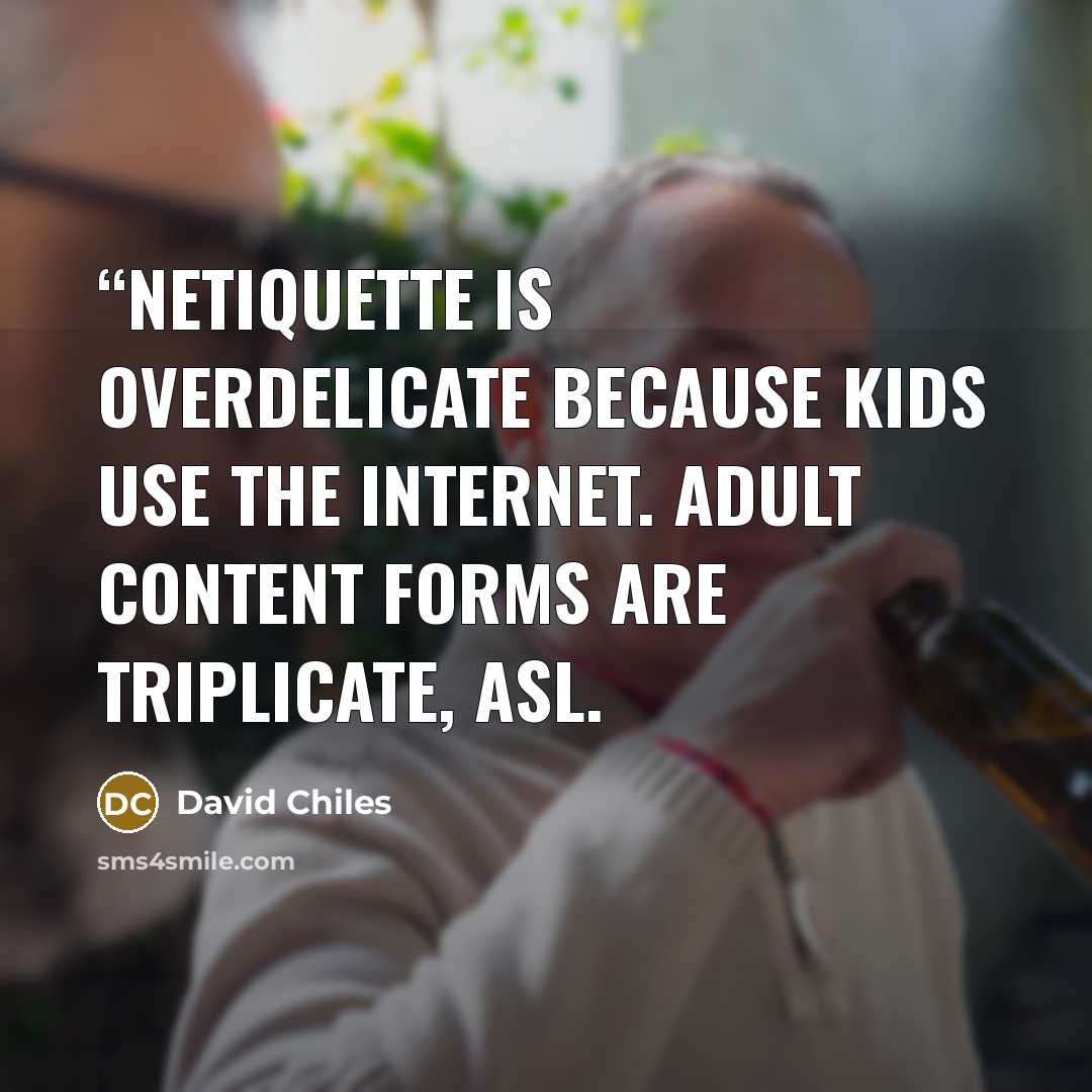 ““Netiquette is overdelicate because kids use the internet. Adult content forms are triplicate, ASL.” quote by David Chiles