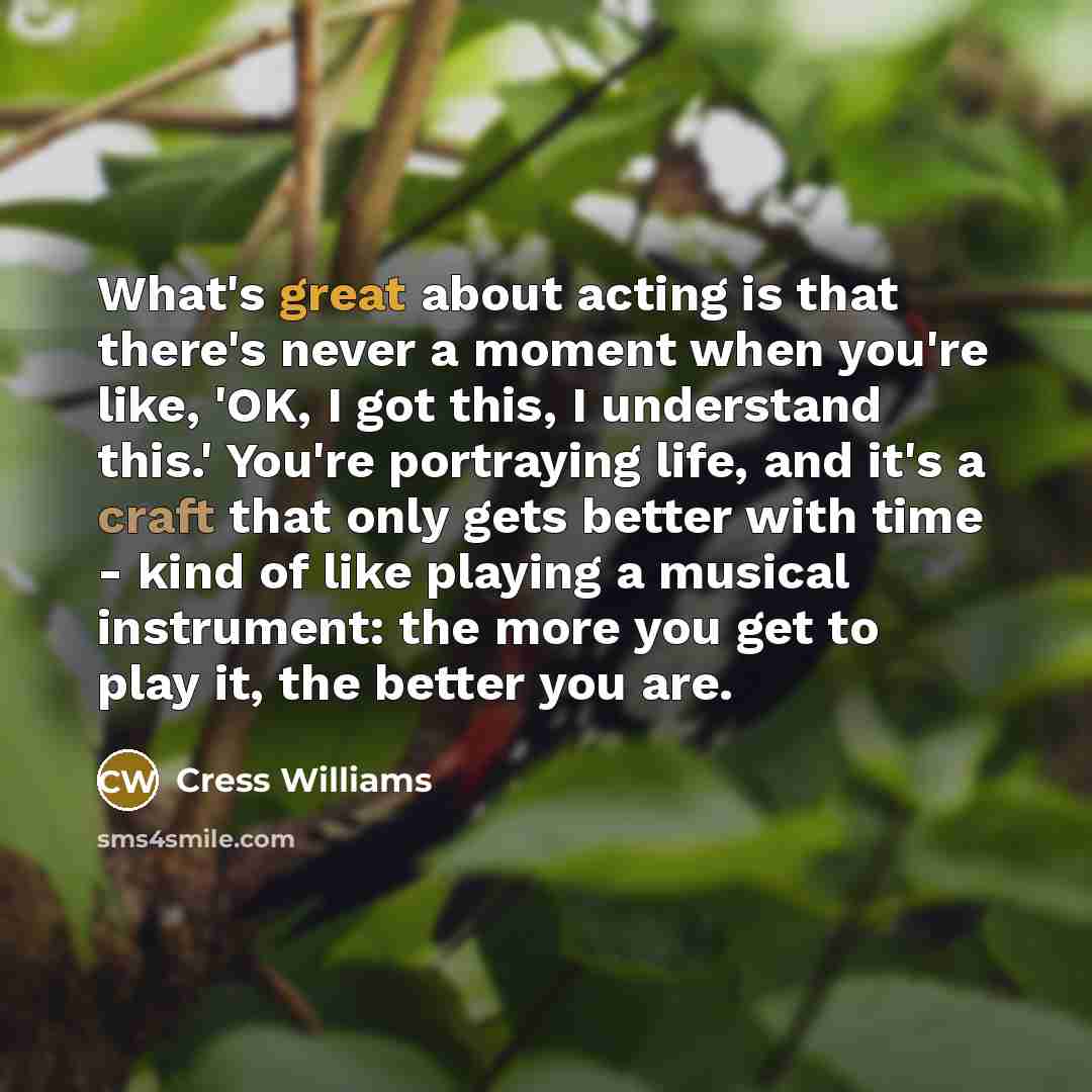 “What's great about acting is that there's never a moment when you're like, 'OK, I got this, I understand this.' You're portraying life, and it's a craft that only gets better with time - kind of like playing a musical instrument: the more you get to play it, the better you are.” quote by Cress Williams