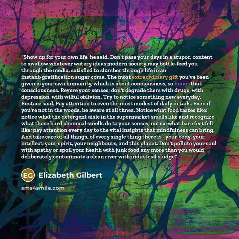 “Show up for your own life, he said. Don't pass your days in a stupor, content to swallow whatever watery ideas modern society may bottle-feed you through the media, satisfied to slumber through life in an instant-gratification sugar coma. The most extraordinary gift you've been given is your own…” quote by Elizabeth Gilbert