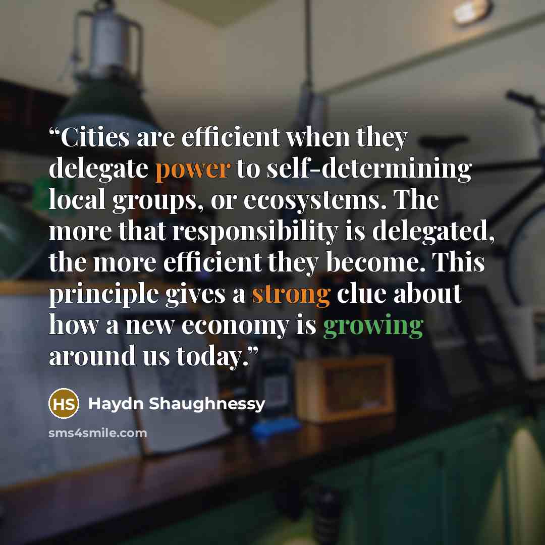 “Cities are efficient when they delegate power to self-determining local groups, or ecosystems. The more that responsibility is delegated, the more efficient they become. This principle gives a strong clue about how a new economy is growing around us today.” quote by Haydn Shaughnessy