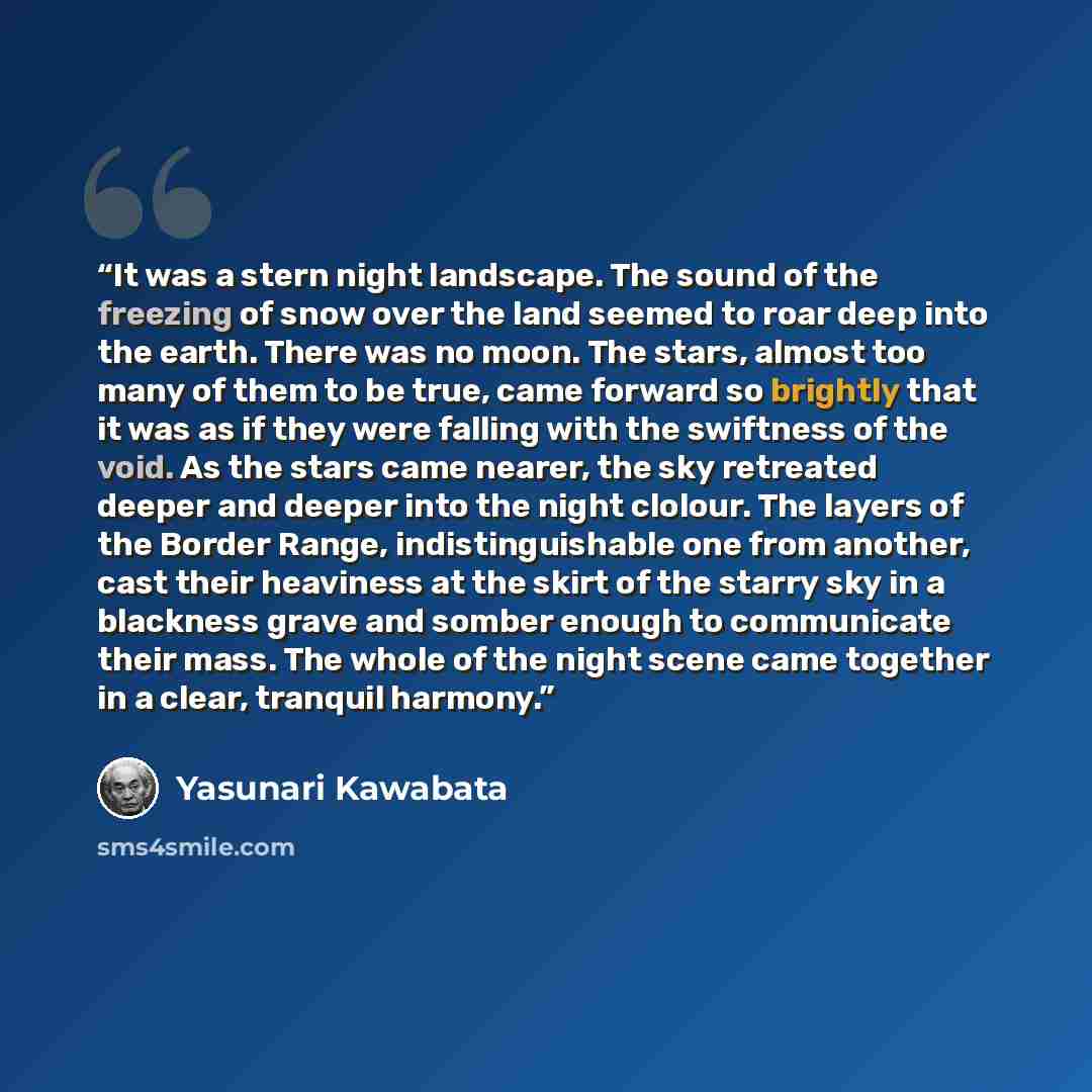 “It was a stern night landscape. The sound of the freezing of snow over the land seemed to roar deep into the earth. There was no moon. The stars, almost too many of them to be true, came forward so brightly that it was as if they were falling with the swiftness of the void. As the stars came…” quote by Yasunari Kawabata